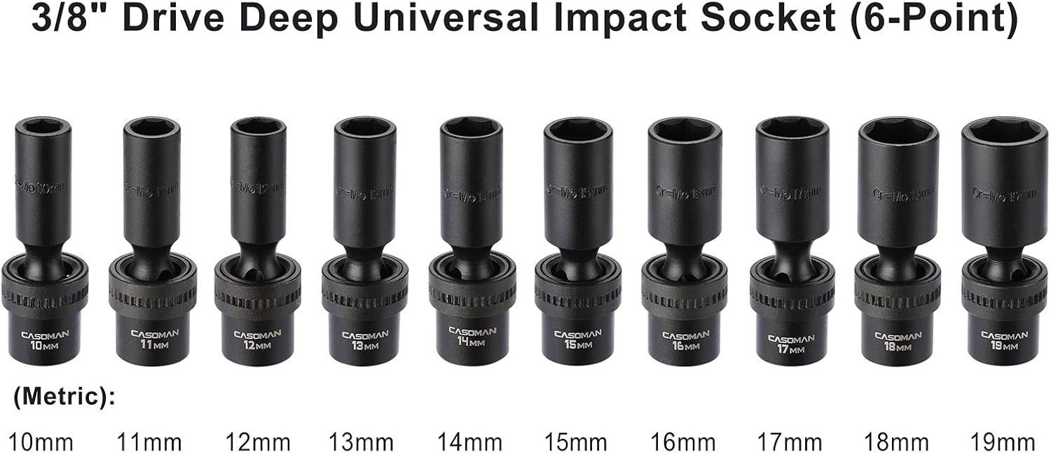 CASOMAN 15 PCS 3/8" Drive Shallow Universal Impact Socket Set, 6 Point, Metric,8-22mm