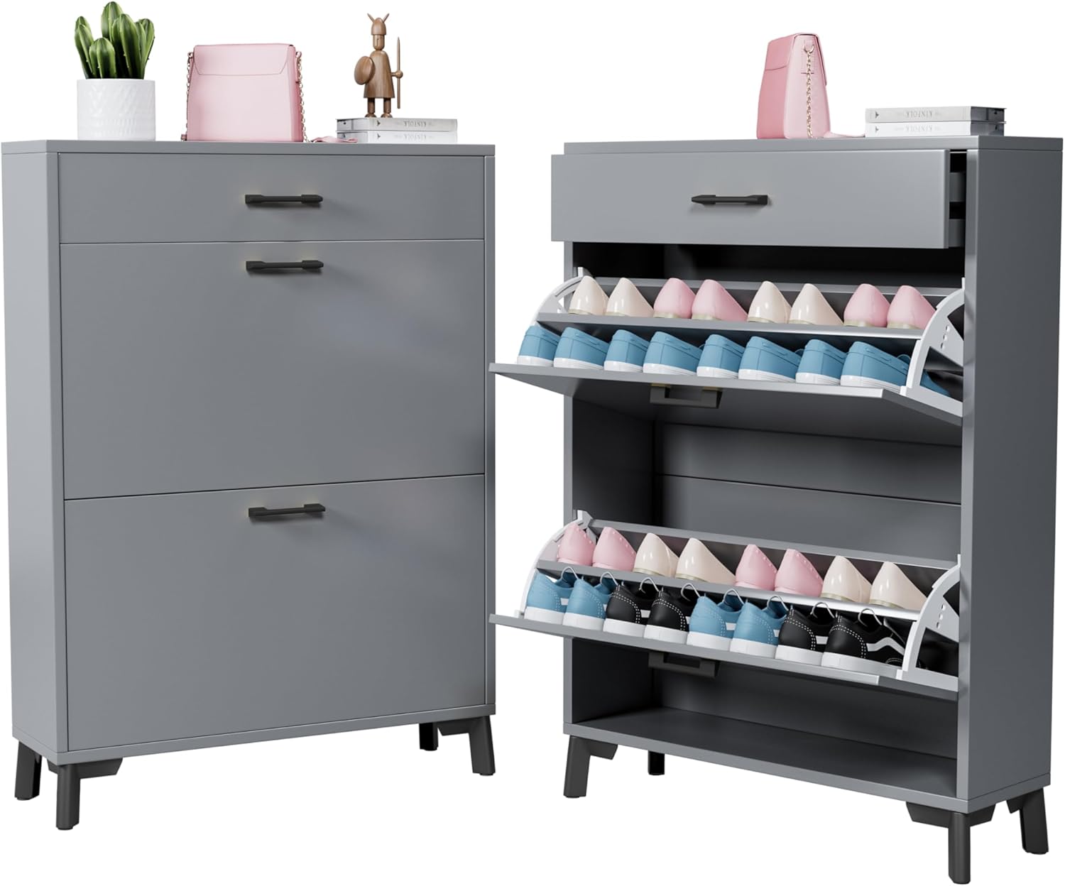 Hidden 2 Flip Entryway, Wood Thin Drawer, Modern Front Entry Rack, Free Standing Organizer for Doorway Hallway (Gray), 32" Slim Shoe Storage Cabinet