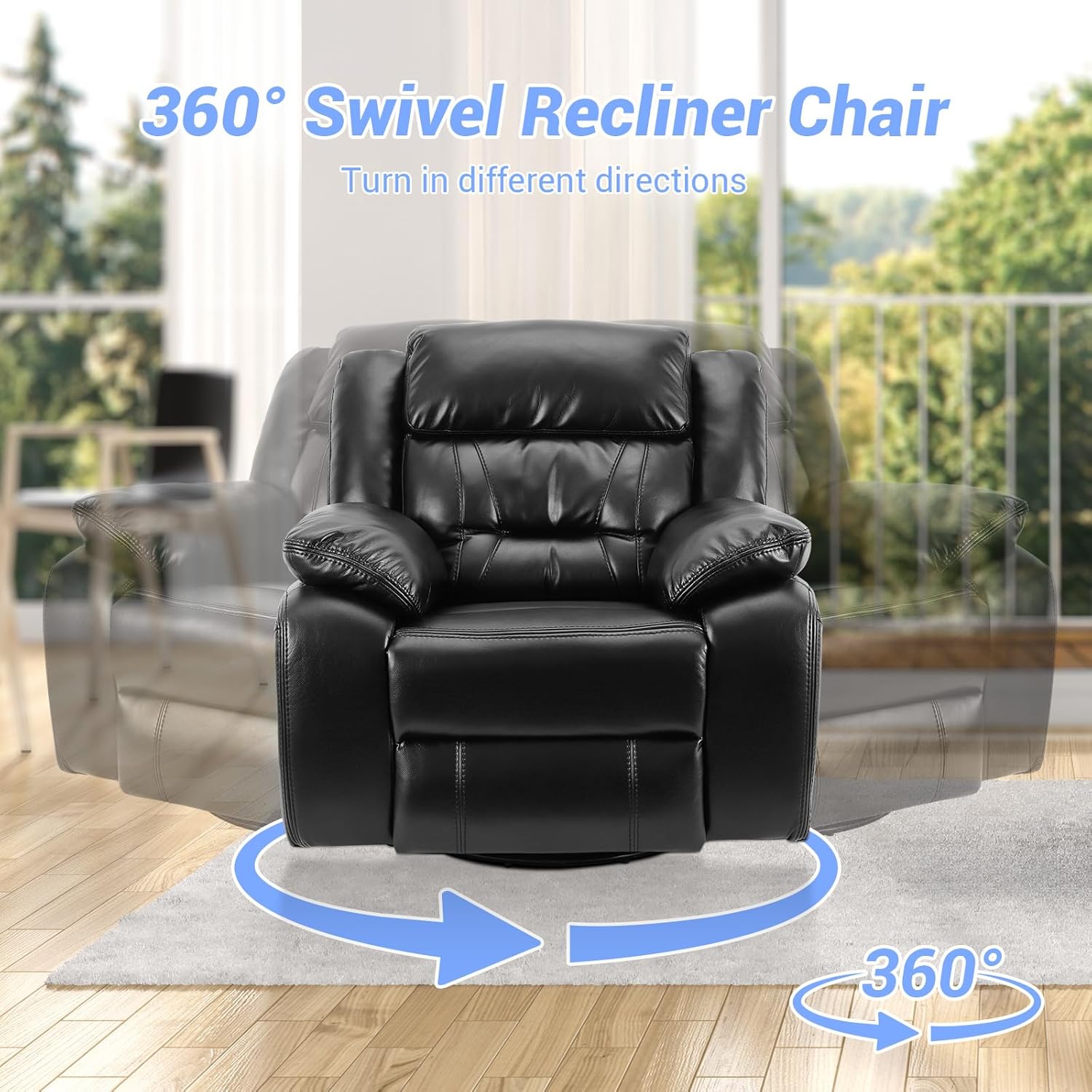 Swivel Rocker Recliner Chair, Glider Rocking Recliner Leather Lazy Boy Recliners Chair for Small Spaces, PU Faux Manual Reclining Chair for Living Room Bedroom RV Nursery Black