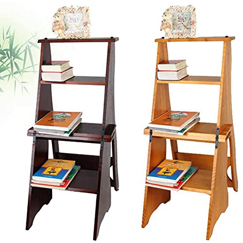 Wooden Folding Library Ladder Chair 2 in 1 Lightweight Portable Multifunctional Step Stool, 4 Step Stool Dual Purpose Step Ladders Display Stand and Flower Stand for Home (Brown)