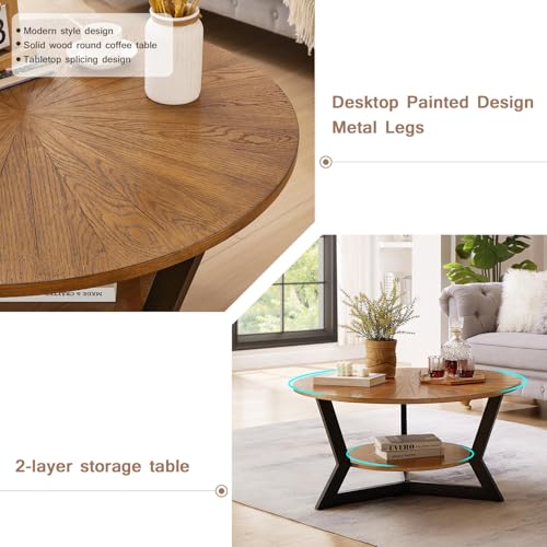 Coffee Table, Round Wood Coffee Table for Living Room with 2-Tier Table Top with Storage Rack, Metal Leg Triangle Support Design, Home Furniture, 35 x 35 x 17 in