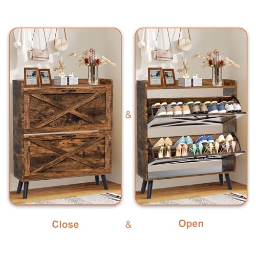 Shoe Storage Cabinet, Shoe Storage Organizer with 2 Flip-out Drawers, Modern Two-tier Freestanding Shoe Rack Cabinet for Entryway, Hallway, Living room(Black-Large)
