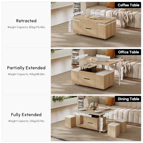 homary Black Lift-Top Coffee Table with Hidden Storage, 3-in-1 Modern Folding Center Table with 4 Stools, Casters, and Lockable Wheels – Convertible Dining & Office Table for Living Room