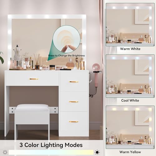YITAHOME Vanity Desk with Mirror and Lights, Makeup Vanity Set with 11 Bulbs Light, Power Outlet, 4 Drawers and Vanity Stool