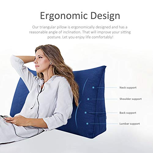 WOWMAX Large Bolster Triangular Positioning Support Reading Backrest Wedge Pillow for Headboard for Day Bed Bunk Bed with Removable Cover No Button Blue California King