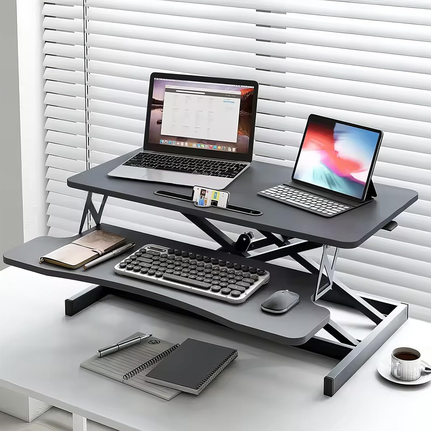 Standing Desk Converter, Stand Up Desk Riser, 32" Height Adjustable Dual-Layer Sit to Stand Desk, Desk Riser with Keyboard Tray for Home, Office, Laptop Workstation