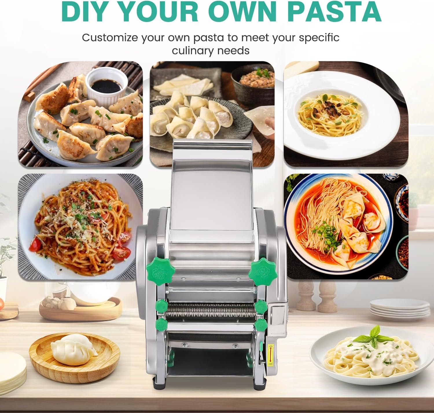 Newhai Commercial Electric Pasta Maker 2-in-1 Automatic Noodle Machine Thickness Adjustable 2mm 6mm Noodle Heavy Duty Dough Roller Pressing Machine, 750W