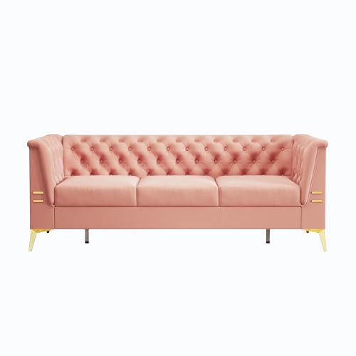 83.46'' Modern Chesterfield Velvet Sofa 3 Seater Fashion Couch with Gold Metal Legs Couches for Office,Living Room,Apartment,Furniture (83.46" White)