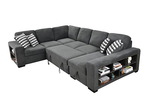 roomfitters 125'' Modern U Shaped 7 Seat Sectional Sofa Couch with Cabinet, Sofa Bed with Storage Chaise and Pull-Out Couch Bed for Living Room, Light Gray