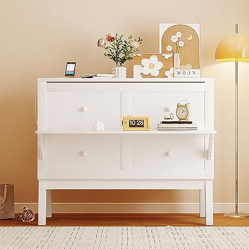 Queen Size Murphy Bed with USB Port and Removable Shelves on Each Side, Solid Wood Muti-functional Cube Cabinet Bed for Home Office (Grey/W1)