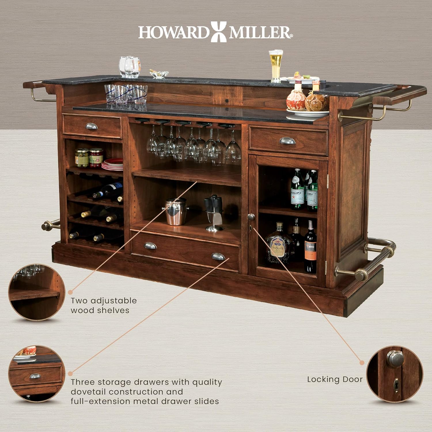 Howard Miller Cheers Bar 693-027 – Hampton Cherry Finish, Lightly Distressed, Home Basement Bar, Locking Door, 25 Wine Bottle Storage, Hanging Stemware Rack