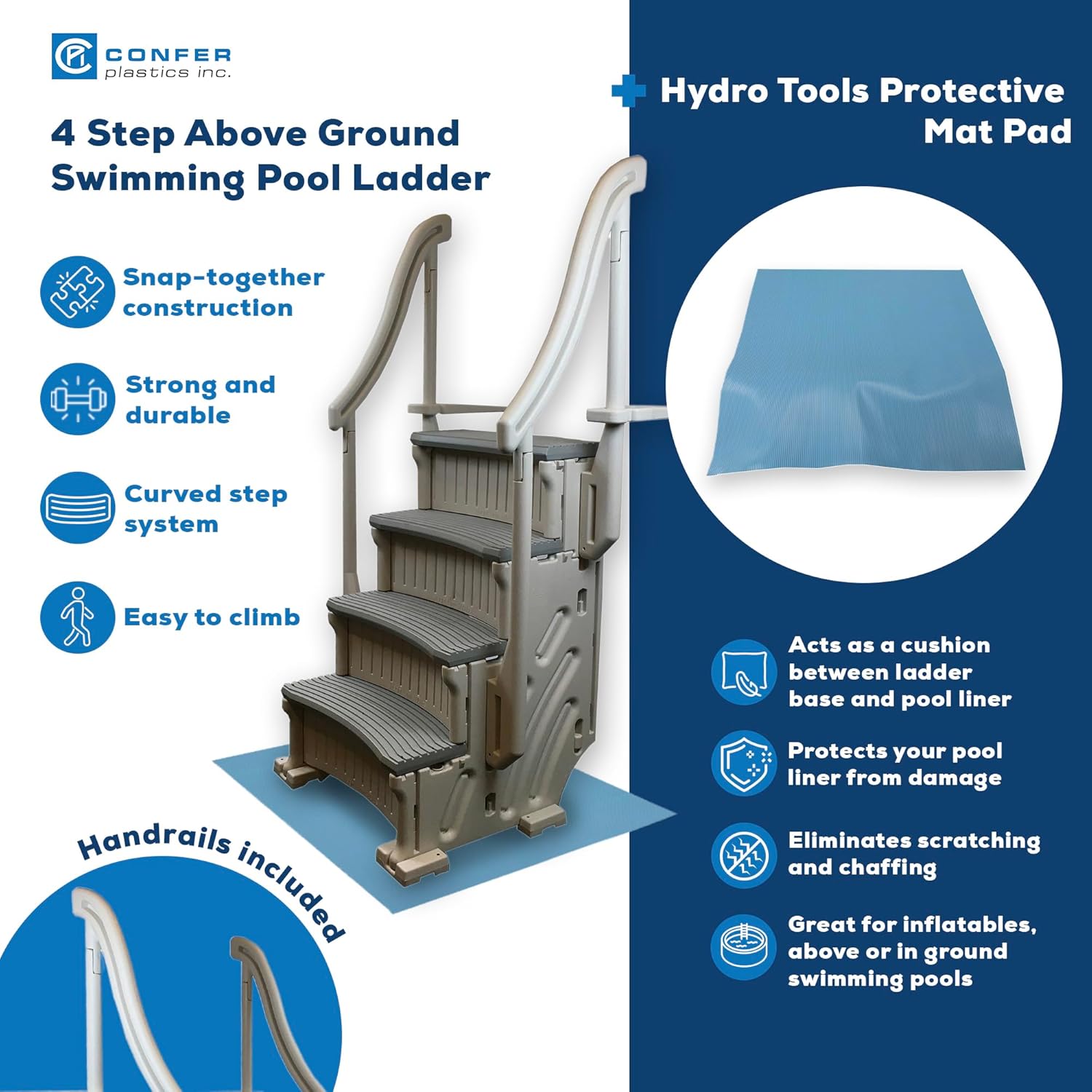 Confer 4 Step Above Ground Swimming Pool Entry Steps with Handrail System and Ladder Mat and Step Pad for Safe Pool Entry and Exit