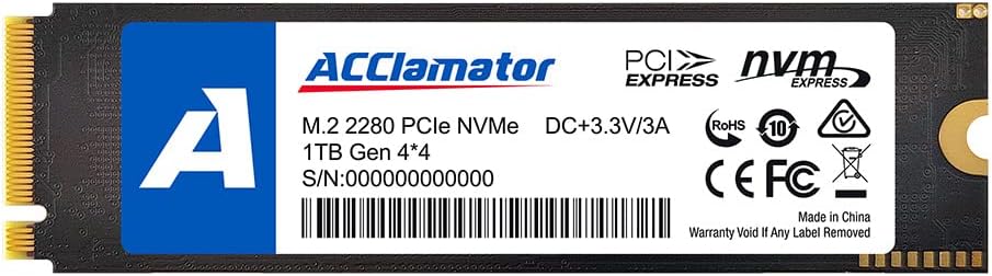 Acclamator 1TB M.2 NVMe Interface Internal Gaming SSD Solid State Drive Gen4 PCIe 4.0 Read 7300 MB/s Write 6000 MB/s M.2 2280 DRAM SLC Cache 3D NAND TLC