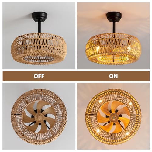 20" Farmhouse Caged Ceiling Fan with Lights Remote Control, Cage Low Profile Bladeless Ceiling Fan, Boho Ceiling Fans with Light for Kitchen, Bedroom, Dining Room