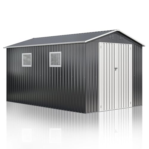 10x10 FT Outdoor Storage Shed, Metal Garden Tool Shed with Updated Frame Structure, Lockable Doors and Windows, Ideal for Backyard Garden Patio Lawn, Grey