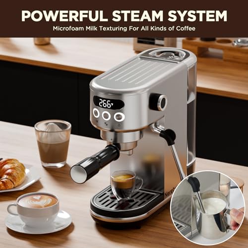 Neretva 20 Bar Espresso Machine, Super Compact Espresso Maker with LED Display & Milk Frother for Home Barista Stainless Steel Professional Coffee Machine Espresso Latte and Cappuccino Maker