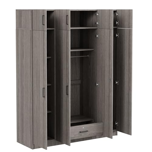 Wardrobe Armoire with 4 Doors, Four-Door Design Mirror Wardrobe with Shelves, Drawers and Hanging Rod, Built-in Dressing Mirror, 68" H Freestanding Wardrobe Cabinet