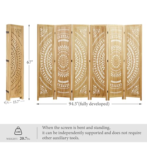Room Divider Wood Carved Wall Divider Indoor Folding Bohemian Style Portable Partition Screen for Home Office Garden Terrace - 6 Panels (Antique, White-Washed)