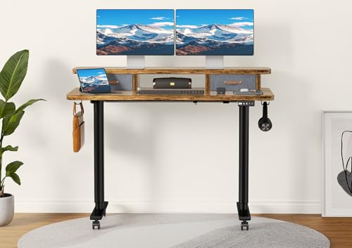 Electric Standing Desk with Dual Drawers, 48" x 24" Height Adjustable Desk Sit Stand Desk with Memory Controller, Casters & 2 Hooks, Low Noise Home Office Desk, Rustic Brown