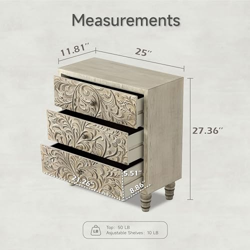 LONYKE 3 Drawer Farmhouse Dresser with Embossed Weathered Flower Motif, Vintage Nightstand for Bedroom, Fully-Assembled, Boho, Weathered White, 25''W*11.81''D*27.36''H