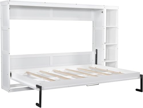 Full Murphy Bed with Storage Shelves,Wood Murphy Bed Cabinet with Storage Bookcase,Fold Up Bed Modern Murphy Wall Bed Full Size (White,Full)