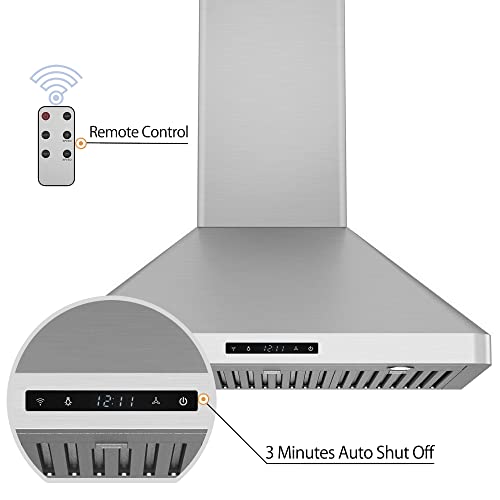 Awoco Wall Mount 9” High Stainless Steel Range Hood 4 Speeds, 6” Round Top Vent 900CFM 2 LED Lights & Remote Control