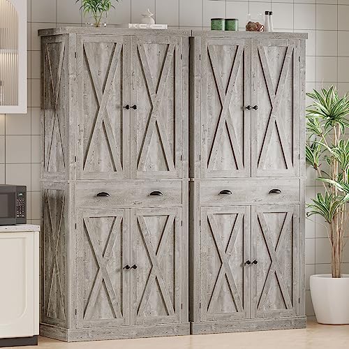 IRONCK Kitchen Pantry Storage Cabinet 72.6" H, with Barn Doors, Drawer, 4 Adjustable Shelves, Freestanding Cupboard for Dining Room Living Room, Laundry, White