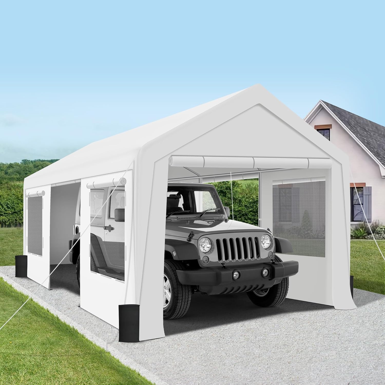 Upgrade 10' x 20' Heavy Duty Carport - Extra Large Outdoor Shelter with Roll-up Ventilated Windows & Side Doors, Portable Garage for Car Boat Truck Auto Shelter Motorcycle Outdoor Events Party