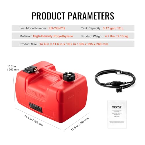 VEVOR Boat Marine Fuel Tank, 12 Gallon/55L, Portable Fuel Gas Tank for Outboard Engine Boats, Plastic Outboard Marine Boat Fuel Tank with Hose, Easy to Carry for Yacht, Fishing Boat, Deck Boat, Red