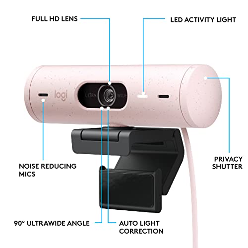 Logitech Brio 500 Full HD Webcam with Auto Light Correction,Show Mode, Dual Noise Reduction Mics, Webcam Privacy Cover, Works with Microsoft Teams, Google Meet, Zoom, USB-C Cable - Rose