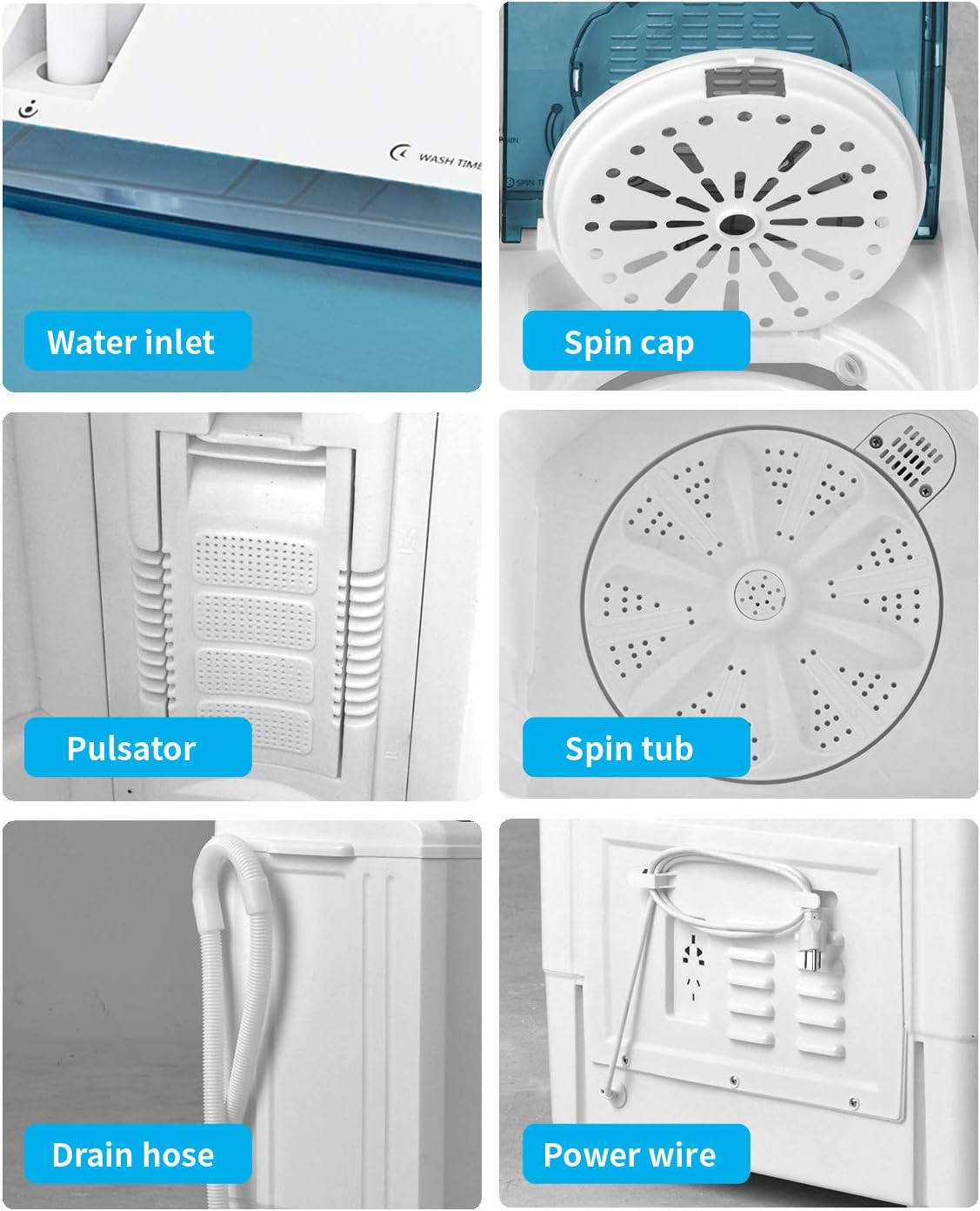 KUPPET Compact Twin Tub Portable Mini Washing Machine 26lbs Capacity, Washer(18lbs)&Spiner(8lbs)/Built-in Drain Pump/Semi-Automatic (White&Blue)