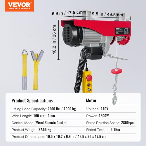 VEVOR 14ft 1320lbs Electric Hoist, 110v Electric Hoist 40ft/20ft Lifting Height for Garage Warehouse Factory