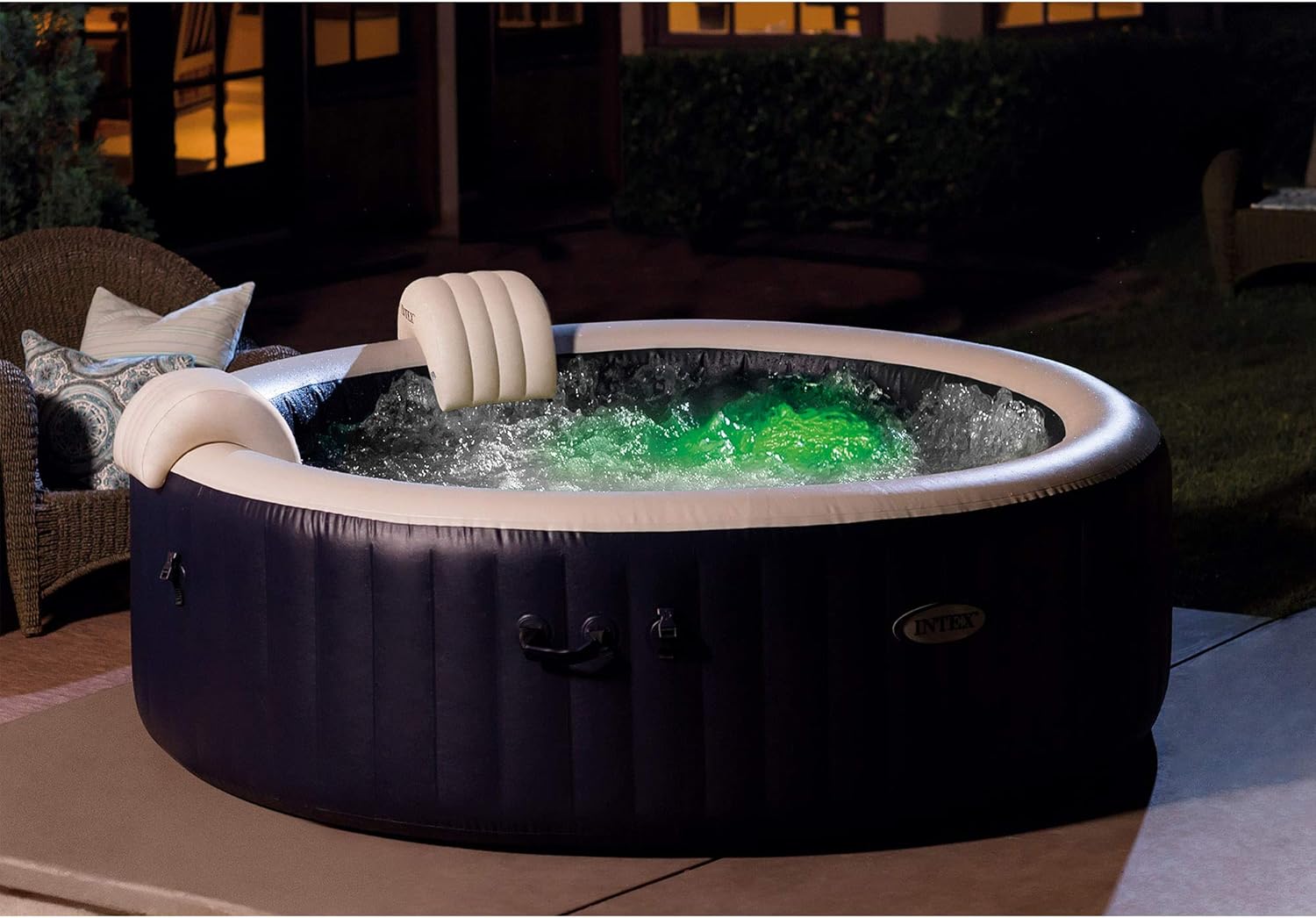 Intex 28431E PureSpa Plus 85in x 25in Outdoor Portable Inflatable 6 Person Round Hot Tub Spa with 170 Bubble Jets, Cover, Built in Heater Pump, and 2 Non-Slip Seats, Navy