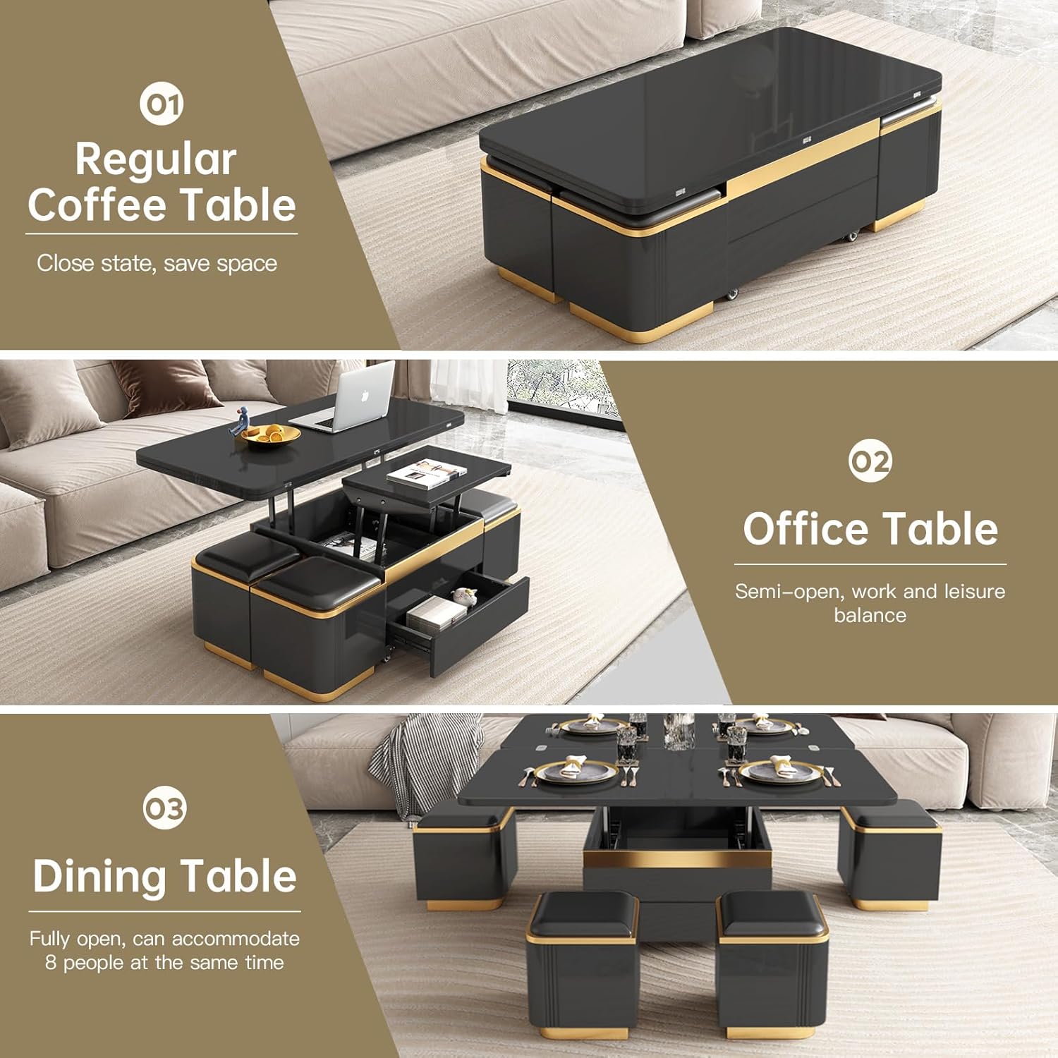 Black Lift Top Coffee Table with 4 Storage Stools, 3 in 1 Multifunctional Storage Coffee Table, Coffee Table with Lift Top, Adjustable Coffee Table Converts to Dining Table for Living Room