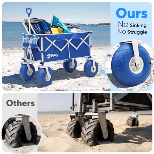 Heavy Duty Beach Wagon with 9" Big Sand-Proof Wheels – 440lb Capacity, Sekey 200L Oversized Foldable Cart | Adjustable Handle & All-Terrain Tires for Sand, Camping, Groceries. Blue&White