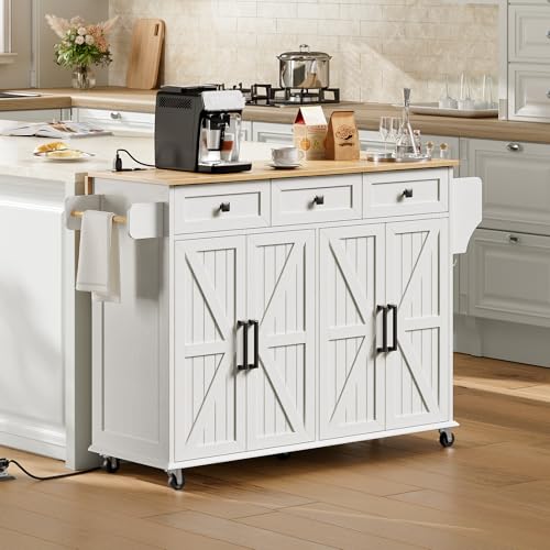 Kitchen Island with Drop Leaf, Kitchen Cart with Charging Station, Kitchen Table with Storage, Rolling Island Table with 3 Drawers, Towel Rack and Spice Rack, White and Walnut