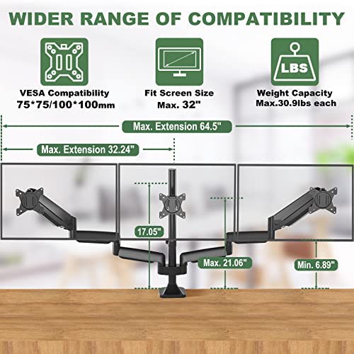 Triple Monitor Mount, 3 Monitor Desk Mount for Three Flat/Curved Computer Screens up to 27 inch, Fully Adjustable Gas Spring Triple Monitor Arms Hold up to 17.6lbs, VESA 75x75/100x100mm