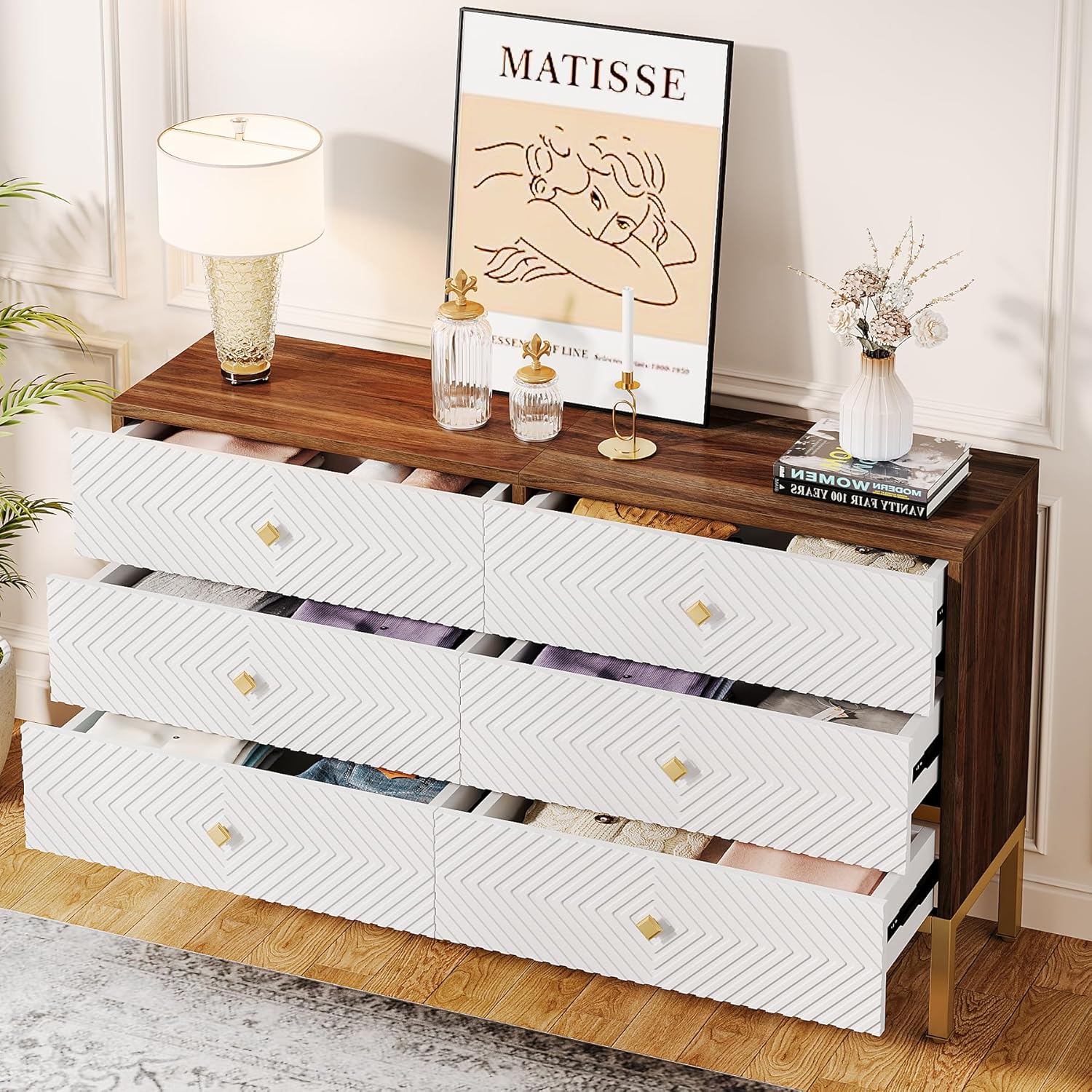 Tribesigns 6-Drawer Dresser for Bedroom, Large Double Wide Chest of Drawers, 55-Inch Wood Storage Dresser for Closet, Modern 6-Drawer Dresser Cabinet with Gold Legs and Handles, White & Brown