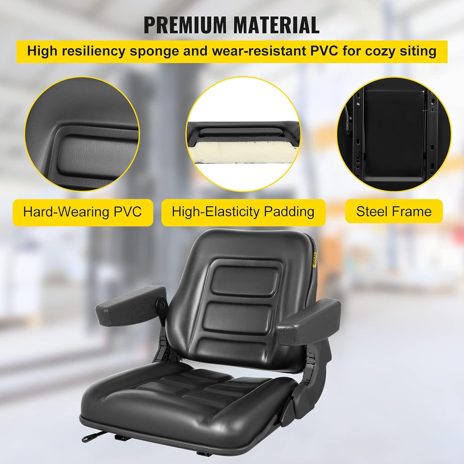 VEVOR Universal Forklift Seat with Safety Switch,Black PVC Tractor Seat 18.5" x 20" x 18", 6" Adjustable Mower Seat, Foldable Seat Including Armrests, Skid Steer Seat Fit Forklift,Tractor,Skid Loader