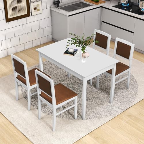 GOFLAME 5-Piece Dining Table Set for 4, Rectangular Kitchen Table & 4 Chairs with Solid Wood Legs, Padded Seat & Backrest, Upholstered Dinette Set for Dining Room, Breakfast Nook, Restaurant, White