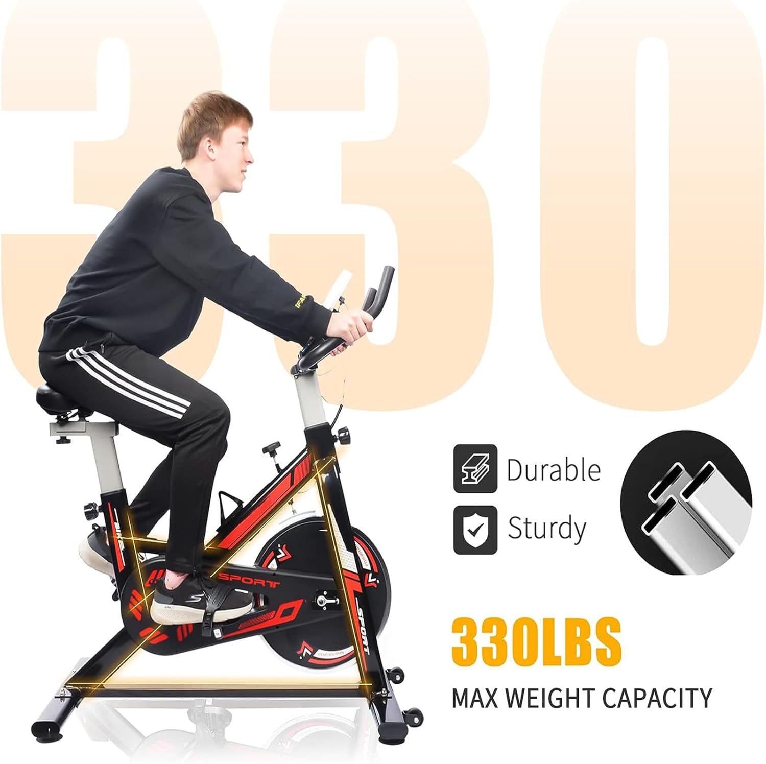 Exercise Stationary Bike 330 Lbs Weight Capacity, Spin Indoor Cycling Bike with LCD Monitor and Comfortable Seat Cushion for Home Gym Cardio Fitness Training