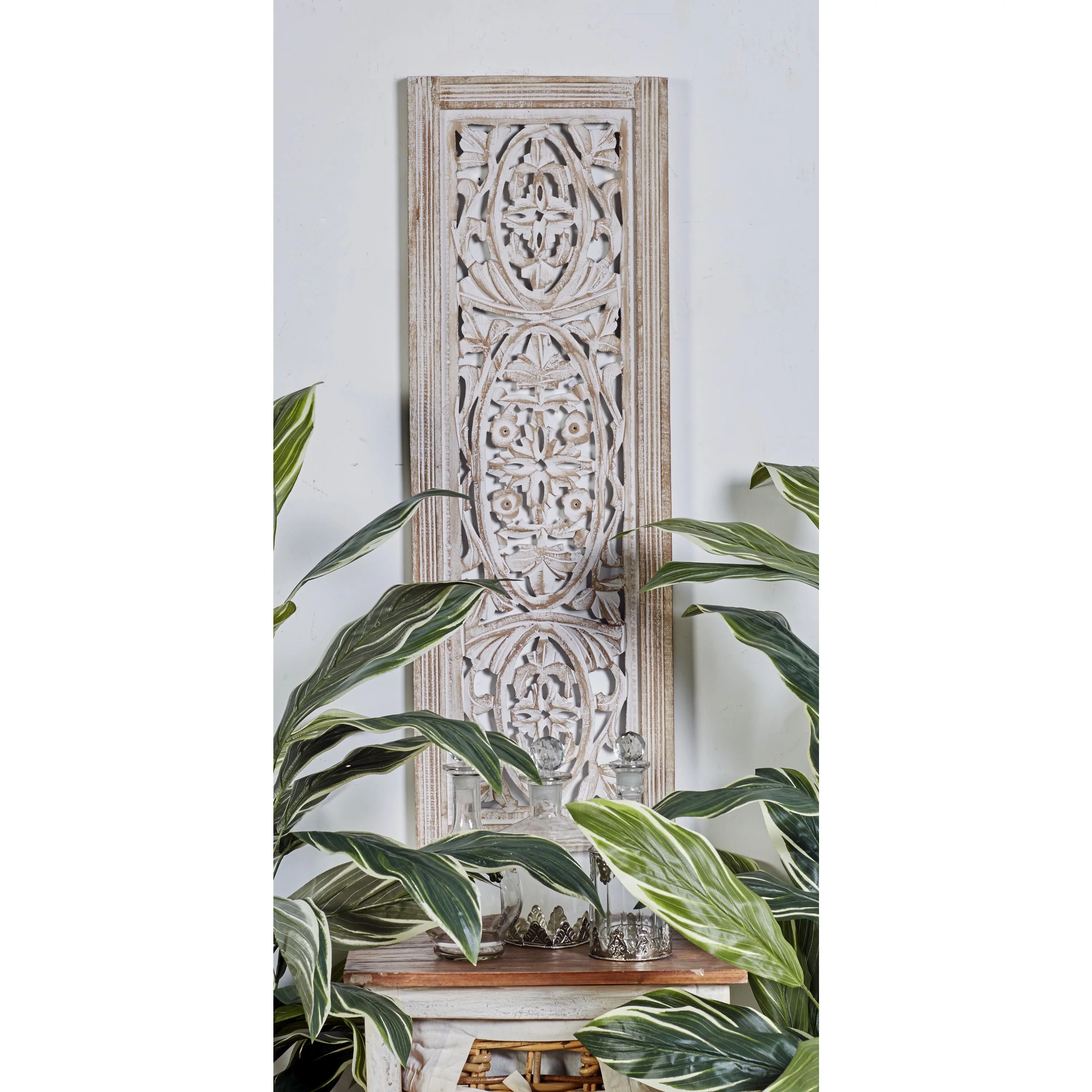 DecMode Neutral Cream/Distressed Wood Traditional Mango Carved Wood Leaves Wall Decor, 12"L x 36"H, 1-Piece
