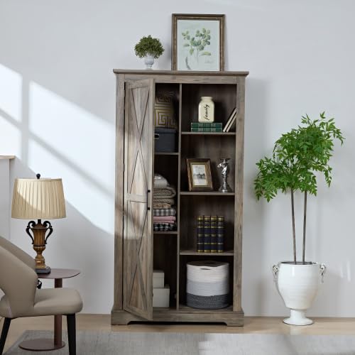 Tall Storage Cabinet Barn Door Storage Pantry Cupboard Sliding Door Kitchen Organizer Furniture Home Drawer Shelves 39.37 * 15.75 * 74.4 Gray Wash