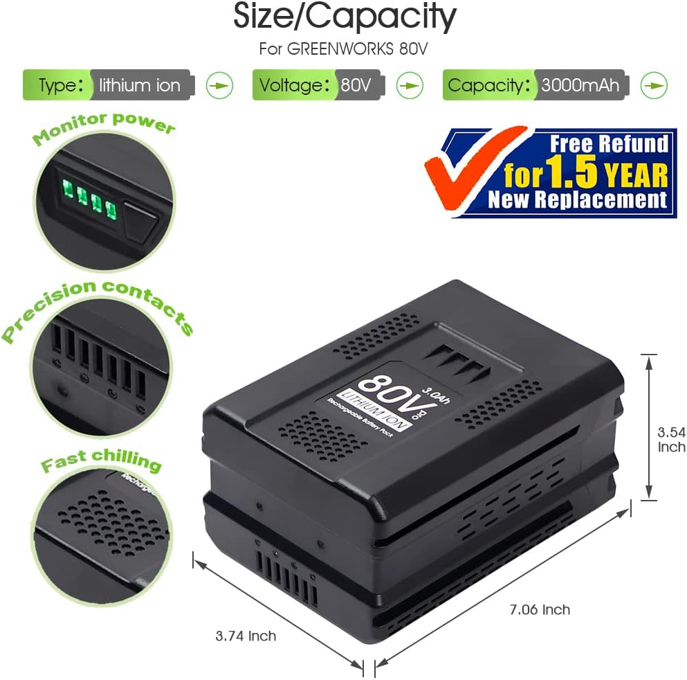 【3rd Upgrade】 TenHutt 80V 3.0Ah Replacement Battery for Greenworks PRO 80V Battery GBA80200 GBA80300 GBA80400 Lithium ion Battery High Capacity