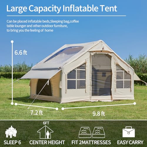 Inflatable Tent with Pump,4-6 Person Instant Glamping Camping Tents House, Easy Setup Blow Up Family Tents for 4 Seasons Waterproof Inflatable Tent for Camping with Mesh Windows.
