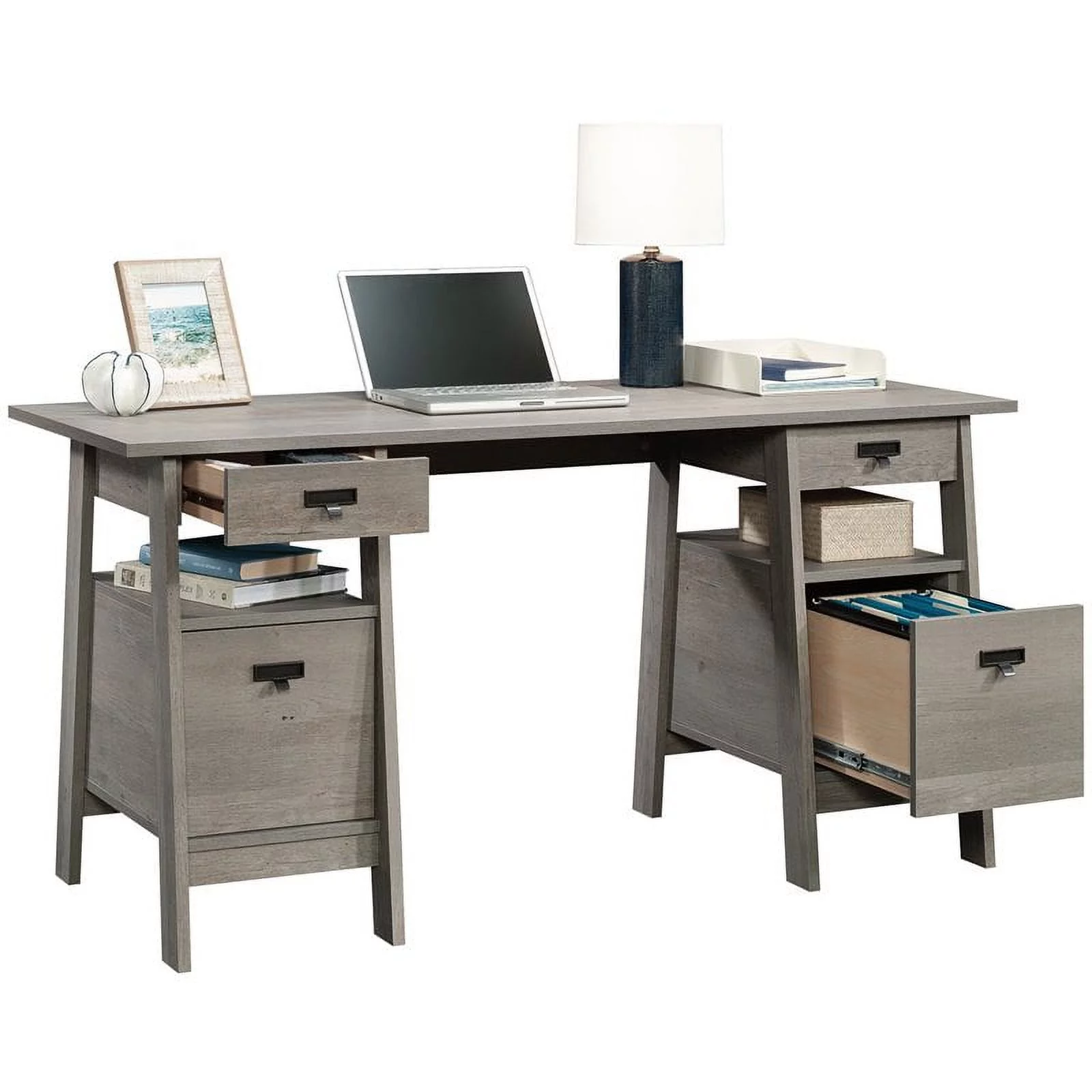 Sauder Trestle Executive Desk with Drawers, Mystic Oak Finish
