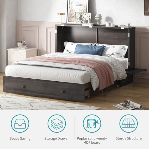 BALUS Murphy Bed, Furniture Murphy Cube Cabinet Bed with USB Charging Station, Foldable Cabinet, Memory Foam Queen Size Mattress, Storage Drawer-Cherry