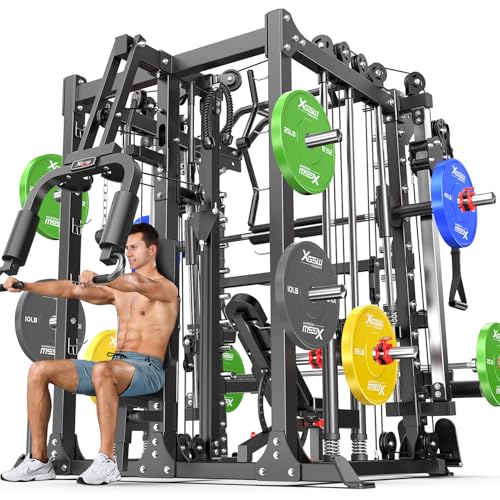 L05/07 Smith Machine，Multi-Function Squat Rack Power Cage with Cable Crossover System,with Weight Bench, Olympic Barbell Weight Set, for Home Gym