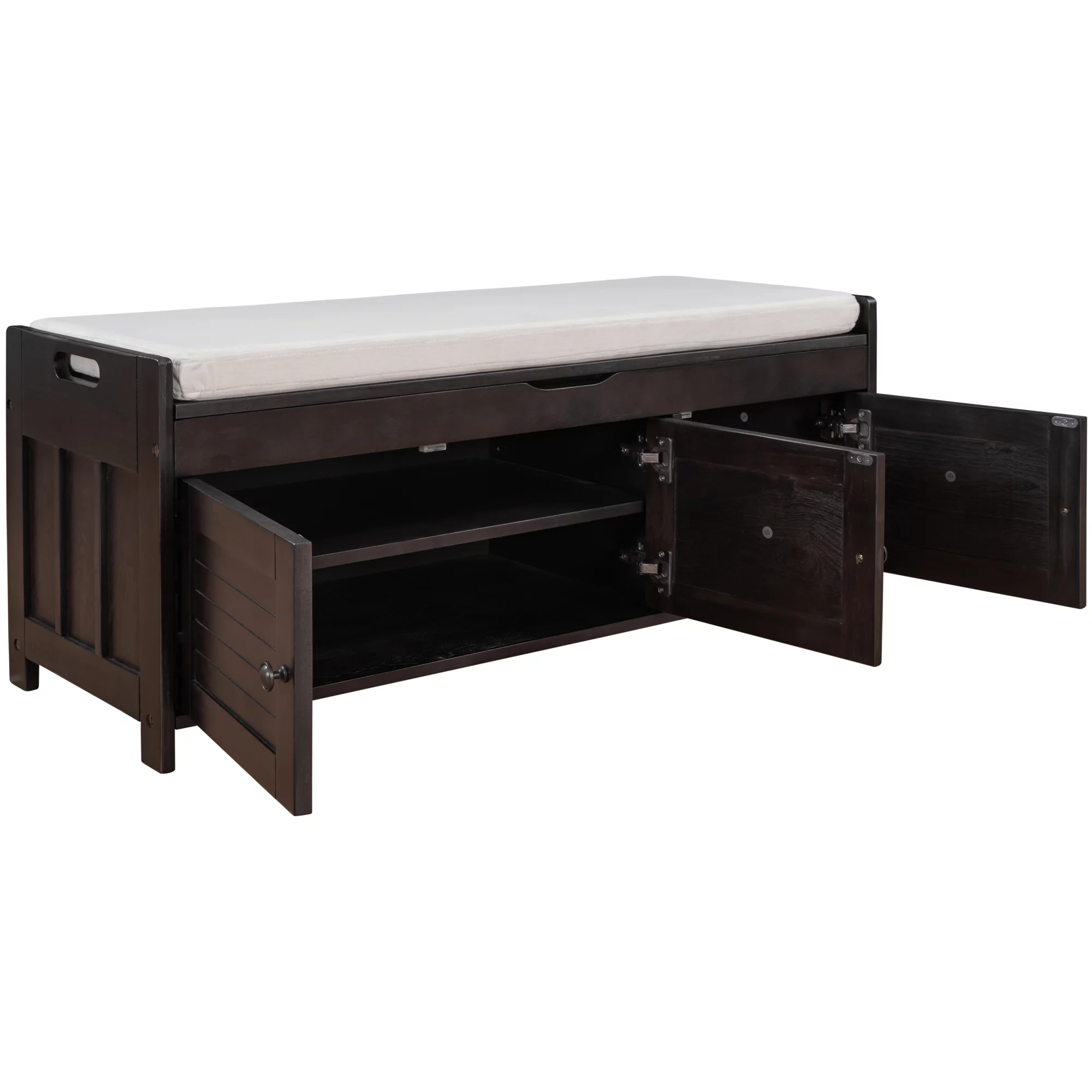 Home Entryway Storage Bench with Removable Cushion, 43.5” Wooden Shoe Storage Bench with 3 Doors, Bench Seat with Hidden Storage and Cushion, Espresso