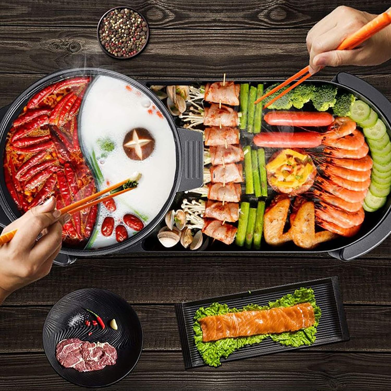 Electric Grill Hot Pot - Double Pot Barbecue Integrated Cooker with 2-in-1 Multifunctional Portable Design for Electric Baking and Barbecue - Perfect for Indoor and Outdoor Cooking Needs!